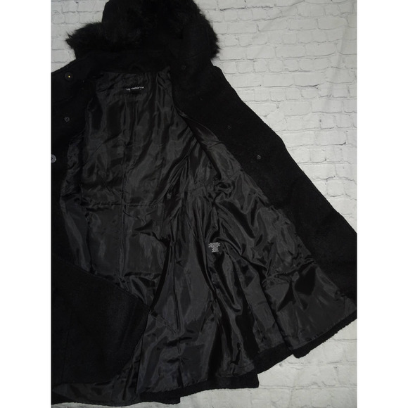 Liz Claiborne Sz M Women's Black Boucle Faux Fur Hooded Wool Blend Swing Coat - Picture 9 of 9